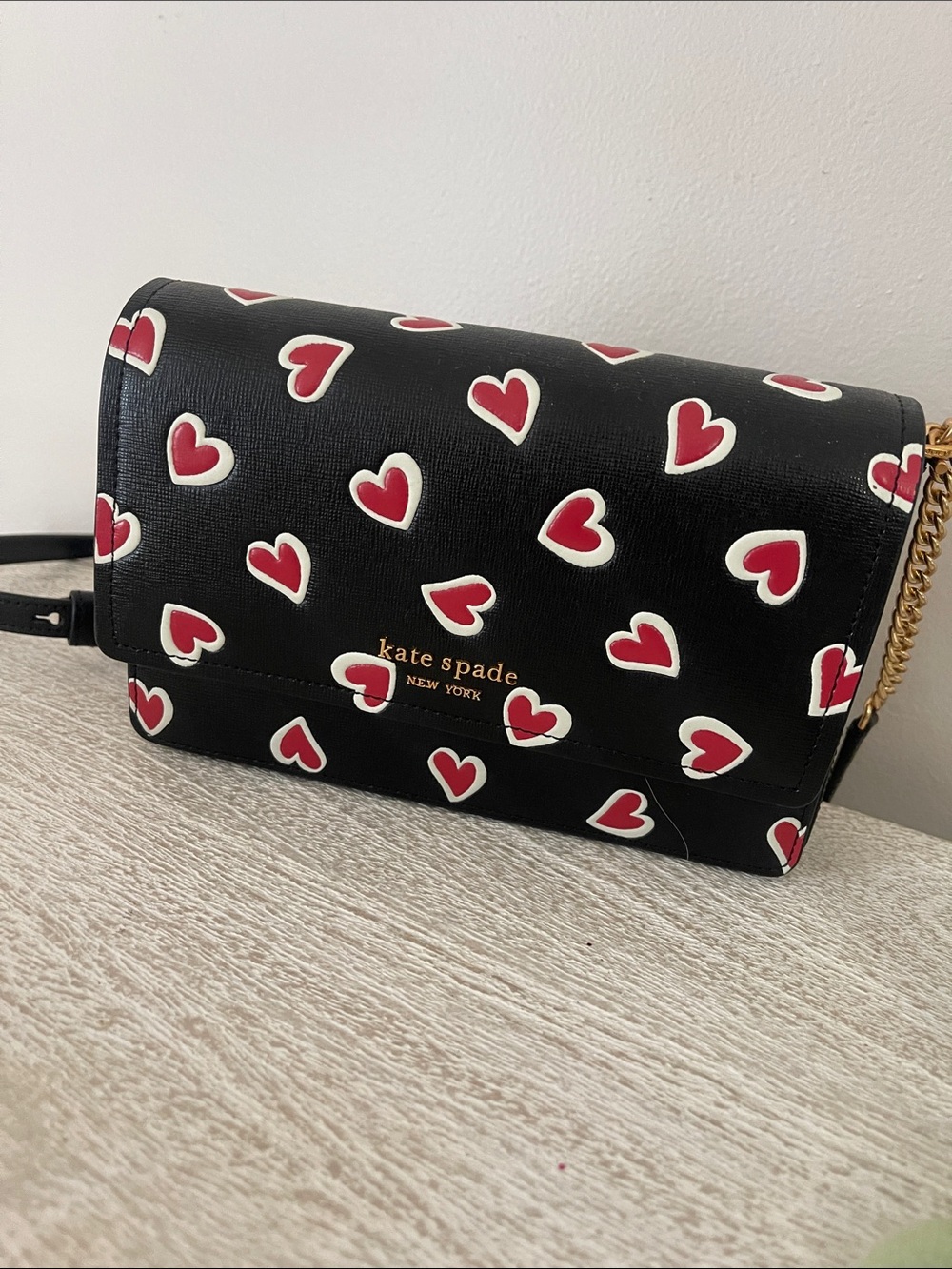 kate spade Black Leather Crossbody with Red and White Heart Print
